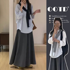 批发有货  春秋新款慵懒风翻领长袖衬衫披肩半身<b class='q'>裙子</b>休闲孕妇三件套装