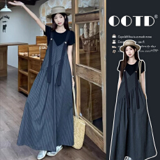 夏装新款条纹背带裙宽松孕妇连衣裙短袖上衣休闲孕妇两件套装