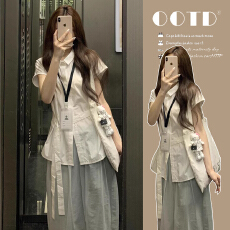 夏装新款韩系设计感绑带短袖衬衫上衣阔腿裤子休闲孕妇两件套装