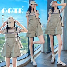 现  夏装新款减龄宽松孕妇背带裤短裤连体裤晕染短袖孕妇两件套装