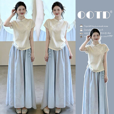 现  夏装新款新中式宽松上衣短袖半身裙子休闲百搭孕妇两件套装