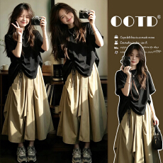 批发夏装新款韩版显瘦<b class='q'>百搭</b>工装设计感半身裙宽松短袖休闲孕妇两件套装