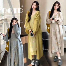 批发现貨 实拍 秋冬新款刺绣网纱宽松孕妇连衣裙外套<b class='q'>休闲</b>孕妇三件套装