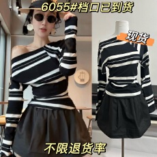 批发XIAOBAI春季斜肩<b class='q'>条纹</b>掐腰设计感显瘦百搭上衣