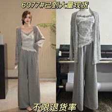 批发林寒涧肃慵懒风蕾丝吊带+<b class='q'>开衫</b>+阔腿裤女三件套松弛感气质套装