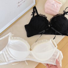批发甜美少女蝴蝶结褶皱立体杯月牙型上托防下垂聚拢侧收副乳文胸套装