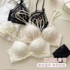 批发法式透气花卉蕾丝内衣柔软杯聚拢显大防下垂双细肩带美背<b class='q'>文胸</b>套装