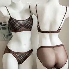 批发复古撞色格纹内衣单排扣U型美背<b class='q'>文胸</b>套装轻薄透气网纱抹胸防走光