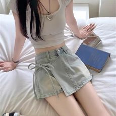 批发浅蓝色小个子牛仔短裙女2025年夏季新款绑带裙裤不规则a字<b class='q'>半身裙</b>