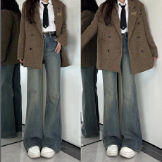 批发2025新款复古蓝微喇牛仔裤女秋冬大码<b class='q'>胖</b><b class='q'>mm</b><b class='q'>高腰</b>显瘦梨形身材喇叭裤