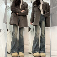 批发小个子高腰复古蓝微喇牛仔裤女秋冬大码<b class='q'>胖</b><b class='q'>mm</b><b class='q'>显瘦</b>梨形身材喇叭裤