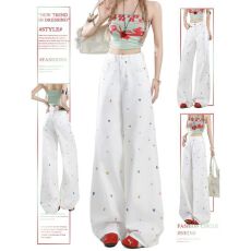 批发秋季新款花朵美式可爱刺绣阔腿牛仔裤女小众<b class='q'>胖</b><b class='q'>mm</b>通勤宽松直筒长裤