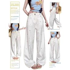 批发仔裤牛女花卡通刺绣阔腿秋季新款小众<b class='q'>胖</b><b class='q'>mm</b>通勤宽松百搭直筒长裤子