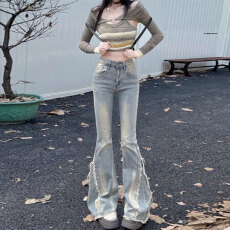 批发辣妹毛边拼接设计感复古高腰微喇叭牛仔裤女修身显直筒马蹄裤子