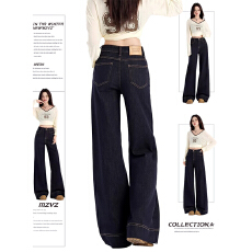 批发深蓝色百搭<b class='q'>牛仔裤</b>女秋冬2025新款高腰<b class='q'>显瘦</b>时尚宽松设计感微喇裤子