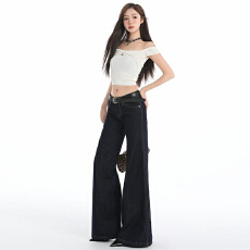 批发美式<b class='q'>大码</b>低腰微喇叭牛仔裤深蓝色复古<b class='q'>宽松</b>显瘦女阔腿拖地直筒裤子