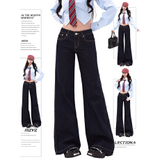 批发深蓝色复古<b class='q'>宽松</b>美式<b class='q'>大码</b>低腰微喇叭牛仔裤显瘦女阔腿拖地直筒裤子