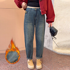 批发梨形身材<b class='q'>大码</b>哈伦牛仔裤女冬季加绒加厚宽松显瘦百搭高腰九分裤子