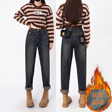 批发冬季加绒加厚宽松梨形身材<b class='q'>大码</b>哈伦牛仔裤女显瘦百搭高腰九分裤子