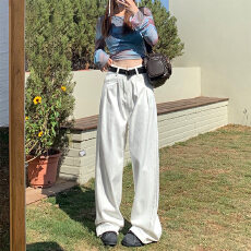批发春季新款<b class='q'>白色</b>设计感褶皱高腰显瘦宽松直筒<b class='q'>牛仔裤</b>女垂感百搭阔腿裤
