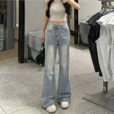 批发大码黑色<b class='q'>微喇</b><b class='q'>牛仔裤</b>女2026春夏新款胖mm高腰宽松显瘦显高喇叭长裤