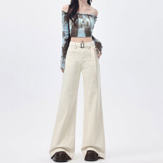 批发2026新款春季修身米杏色微喇<b class='q'>牛仔裤</b>女高腰显瘦宽松垂感休闲喇叭裤