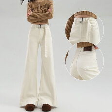 批发春夏新款甜酷高腰辣妹米杏色阔腿<b class='q'>牛仔裤</b>女小个子显瘦百搭直筒长裤