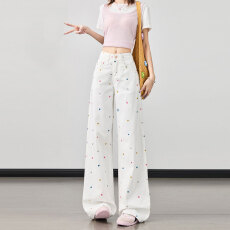 批发高腰阔腿<b class='q'>牛仔裤</b>女2026春夏新款显瘦设计感花朵刺绣百搭宽松直筒裤