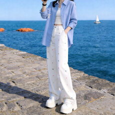 批发2026春夏新款休闲高腰阔腿<b class='q'>牛仔裤</b>女显瘦设计感小花刺绣拖地直筒裤