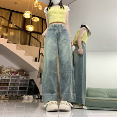 批发胖mm大码牛仔裤女2026春夏新款直筒<b class='q'>高腰</b>宽松显瘦小个子九分阔腿裤