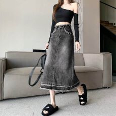 批发ins风a字型<b class='q'>牛仔</b>半身裙女夏季新款毛边设计高腰显瘦气质包臀中长裙