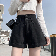 批发ins风双扣直筒卷边牛仔<b class='q'>短裤</b><b class='q'>女</b>时尚高腰宽松显瘦百搭a字裤阔腿热裤