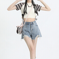 批发设计感破洞磨边牛仔<b class='q'>短裤</b><b class='q'>女</b>夏季2026新款显瘦高腰宽松韩版阔腿热裤