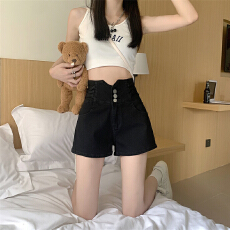 批发小个子超<b class='q'>高腰</b>排扣弹力<b class='q'>牛仔</b><b class='q'>短裤</b>女收腹设计感修身直筒a字阔腿热裤