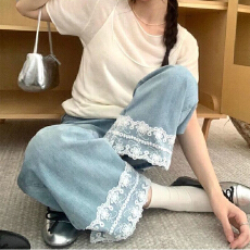 批发夏季新款蕾丝设计感直筒牛仔九分裤女胖mm<b class='q'>高腰</b>显瘦百搭阔腿九分裤