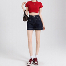 批发2026新款丹宁蓝明线设计牛仔短裤女夏季直筒<b class='q'>高腰</b>显瘦宽松阔腿热裤
