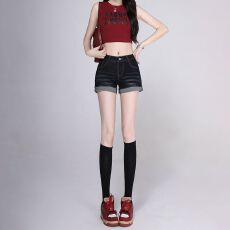 批发2026新款美式深蓝色<b class='q'>大码</b>牛仔短<b class='q'>裤</b>女夏季弹力修身显瘦直筒包臀热<b class='q'>裤</b>