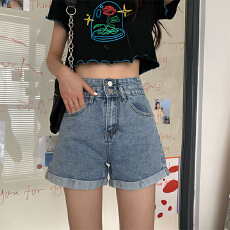 批发双扣设计<b class='q'>高腰</b>卷边牛仔短裤女夏季新款小个子宽松显瘦a字阔腿热裤