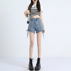 批发抽绳系带设计感大码牛仔短裤女夏季新款<b class='q'>高腰</b>弹力修身显瘦直筒热裤
