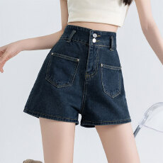 批发夏季新款蓝灰色双扣<b class='q'>高腰</b>牛仔裤女大码宽松显瘦直筒a字阔腿热裤ins