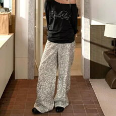批发<b class='q'>大码</b>复古豹纹设计感牛仔裤女夏季薄款宽松中腰显瘦休闲直筒拖地裤