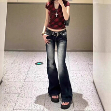 批发大码百搭美式低腰设计感<b class='q'>牛仔裤</b>女秋季新款弹力修身显瘦拖地喇叭裤