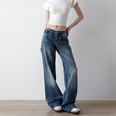 批发大码低腰折痕设计微喇牛仔<b class='q'>裤</b>女美式<b class='q'>新款</b>辣妹宽松垂感显瘦阔腿<b class='q'>裤</b>
