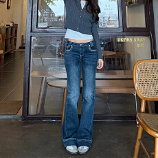 批发低腰设计感大码直筒牛仔<b class='q'>裤</b>女秋季<b class='q'>新款</b>蓝色弹力显瘦不贴腿喇叭长<b class='q'>裤</b>