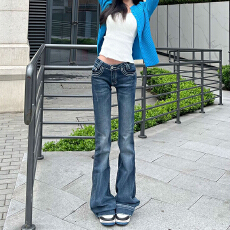 批发蓝色复古大码低腰设计感牛仔<b class='q'>裤</b>女美式<b class='q'>新款</b>辣妹弹力显瘦百搭喇叭<b class='q'>裤</b>