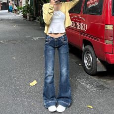批发弹力复古小个子微喇牛仔<b class='q'>裤</b>女秋季<b class='q'>新款</b>低腰修身百搭显瘦喇叭长<b class='q'>裤</b>