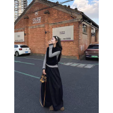 批发大码黑色套头马甲女2025早秋新款灰色<b class='q'>拼接</b>打底衫深蓝阔腿裤一整套