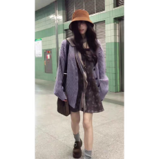批发紫色长袖中长款毛衣针织开衫女2025秋季新款碎花吊带连衣<b class='q'>裙</b>两件套