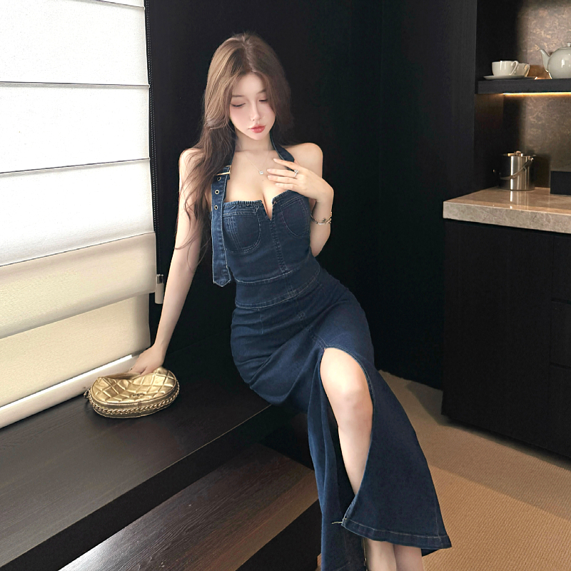 FA35944# 性感辣妹复古牛仔吊带连衣裙夏纯欲气质收腰显瘦开叉包臀长裙 服裝批發女裝批發服飾貨源