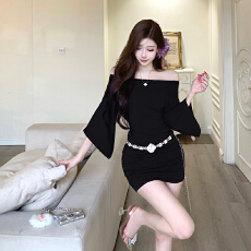 批发韩系大姐姐辣妹包臀短裙纯欲一字肩修身褶皱收腰喇叭袖斜肩<b class='q'>连衣裙</b>